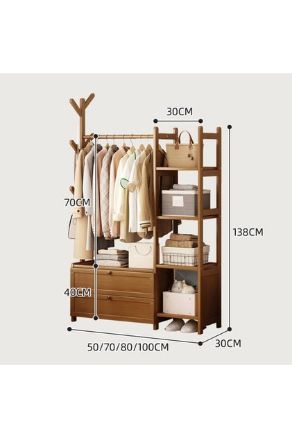 Garment Rack, Clothing Hanger Stand Shelf, Wooden Open Wardrobe with Clothes Rail, 2 Drawers, and Side Shelves, Free Standing Garment Rack, 138 x 100 x 30 cm (100CM)