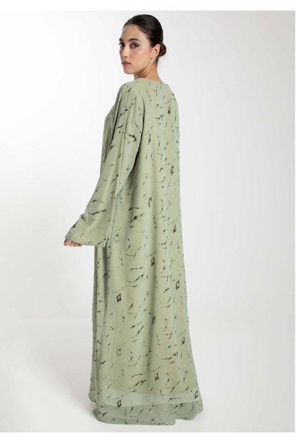 Minimalist Printed Chiffon Green Abaya with Matching Headscarf