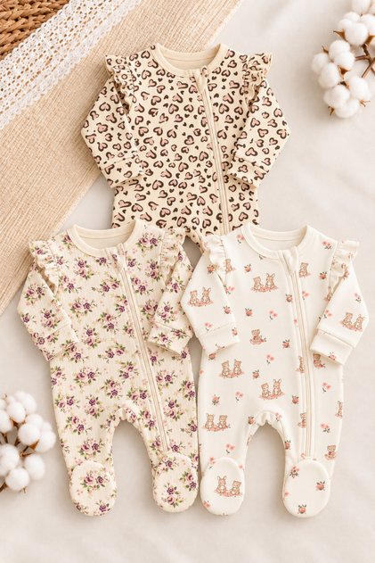 Baby Girl Animal Patterned Zippered 3-Piece Jumpsuit Set Newborn One Size with Booties 100% Cotton