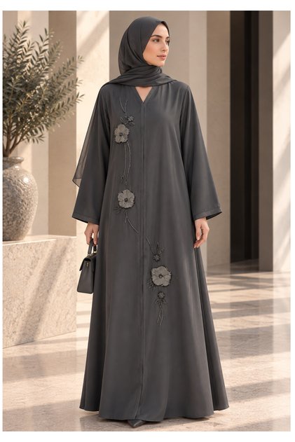Charcoal Grey Korean Nida Abaya with Floral Lace & Handwork Detailing