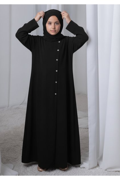 Black Kids Abaya with Matching Hijab for Girls Korean Nida Fabric Modest Islamic Dress 9 Colors