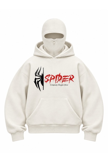 Krem Balaclava Kapüşonlu Spider Baskılı Oversize Sweatshirt Kalın 3 İplik Şardonlu