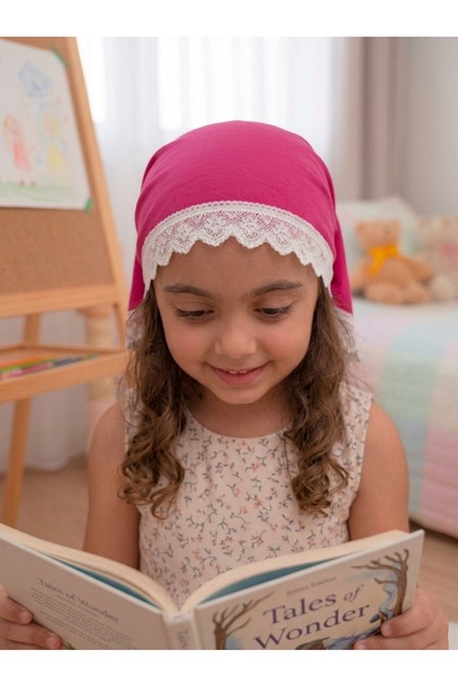 Girl's 100% Viscose Lace Triangle Bonnet (2-9 Years) - Flexible, Sweat-Resistant Children's Bonnet for School, Quran Course, and Play - Fuchsia