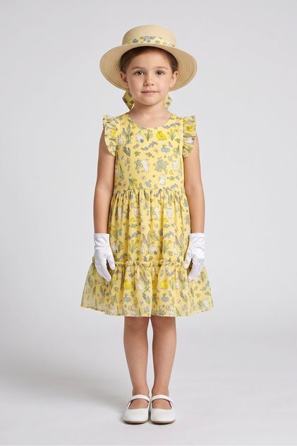 Kids Girl 3 Pcs Allover Print Dress And Hat With Gloves, Multicolor