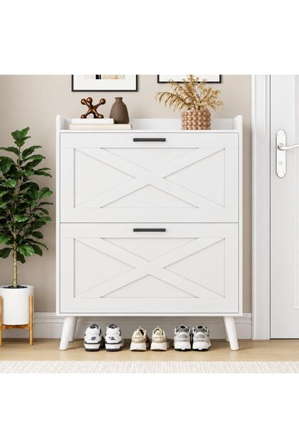 Farmhouse style shoe storage cabinet with folding drawers and sliding barn door