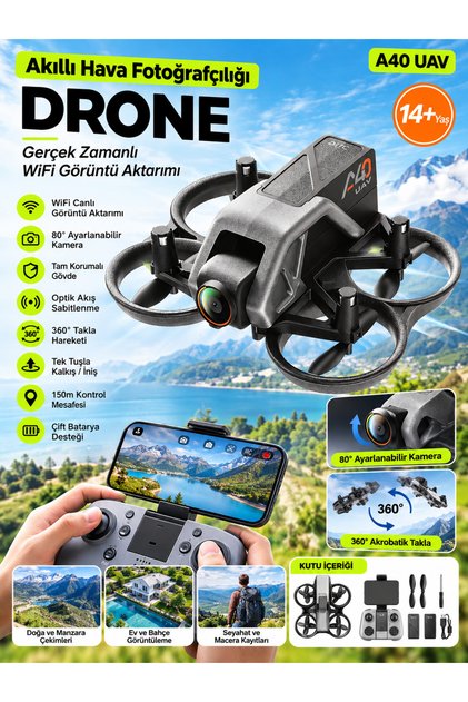 Blic A40 UAV Kameralı Drone WiFi Canlı Görüntü Aktarımı 80° Ayarlanabilir Kamera 360° Takla Çift Batarya Destekli