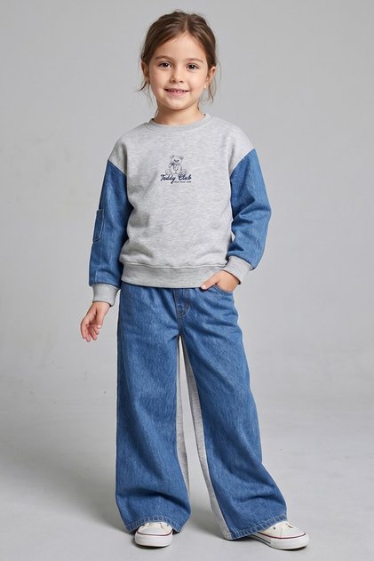Girl's Bear Printed Jeans Detailed Set Dmb-0834