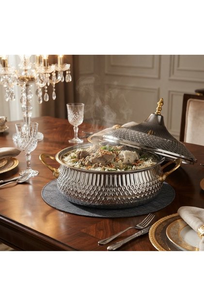 All-Steel Embossed Thermal Food Container with Lid and Golden Handles for Catering - 3000ml (3L)