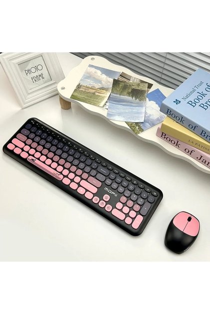 666 Kablosuz Klavye Mouse Seti 2.4g Retro Yuvarlak Tuşlu 110 Tuş Renkli Sessiz Ofis Seti