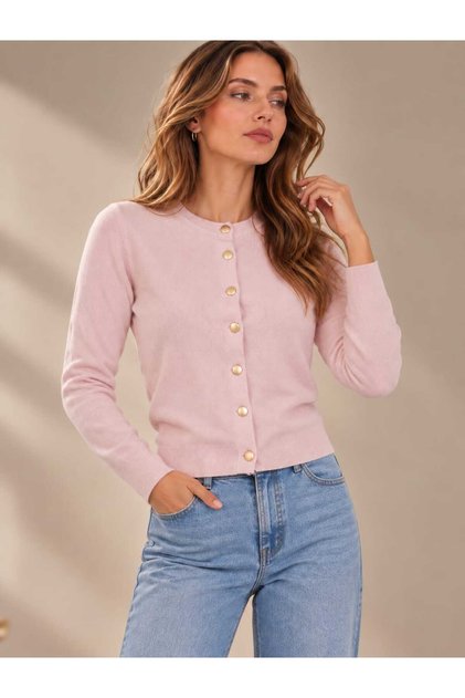New Season Seasonal Thin Knitted Gold Buttoned Crew Neck Women's Cardigan