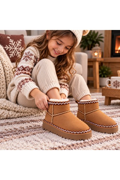 Girl's Mini Ug Boots, Brown, Thick Poly Sole, Fur Inside, Suede Look Boots