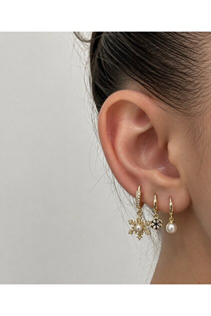 Pearl Snowflake Detail Anti-Tarnish Triple Set Steel Earrings