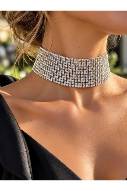 Stone Choker Necklace 11 Rows of Stones 3 cm Width 28 cm Stone Part 5 cm Chain Adjustable