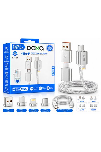 DOXA LDP21 4-in-1 Fast Charging Data Cable, 100W Max USB-C to USB-C, USB-A to Type-C, Lightning Compatible, Magnetic Suction, Nylon Braided Multi Charging Cable with Metal Connectors, 1M, Silver