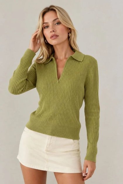 Women's Ribbed Polo Collar Sweater with Zipper Detail, Soft Textured 12356