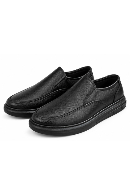 Men's Black Faux Leather Laceless Loafer Shoes – Textured Surface, Thick Sole with Stitching Detail