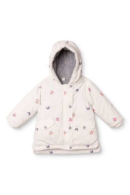 Kız Bebek Mont Ayı Baskılı Fermuarlı Kapüşonlu Long Sleeve