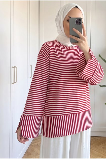 Kadın Çizgili Geniş Kol Rahat Kesim Tunik 65 cm