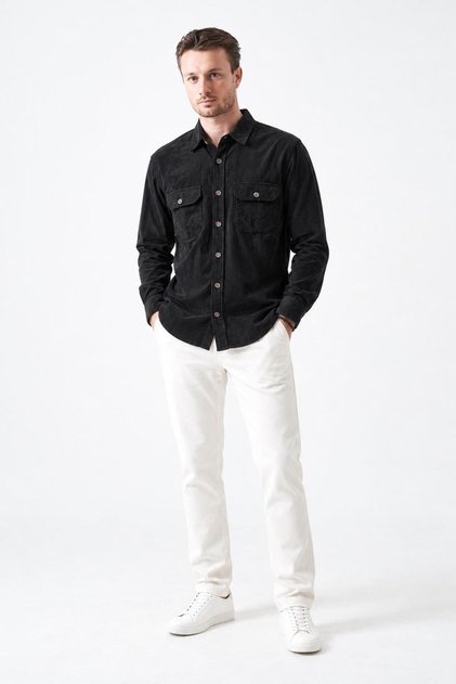 Men's Black Long Sleeve Double Pocket Velvet Shirt