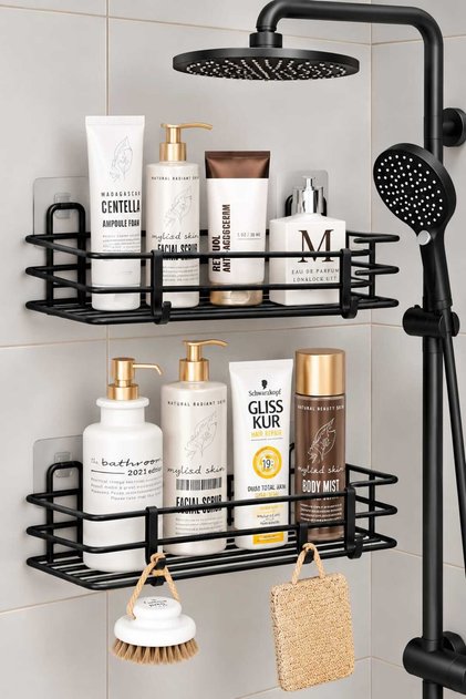 Lifetime Stainless Adhesive 2 Pieces Bathroom Shelf Shower Shampoo Holder Wall Organizer Black