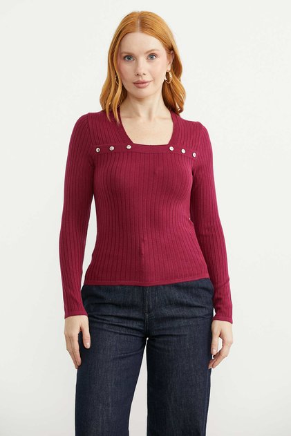 Square Collar Ribbed Knit Sweater - Burgundy
