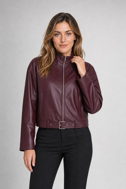 Women's Burgundy Belt Detailed Crop Oversize Leather Jacket
