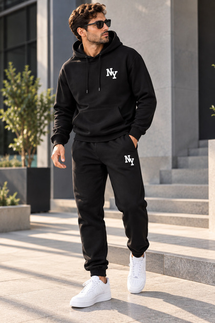 Men's Ny Printed Hooded Sweatshirt and Jogger Tracksuit Set
