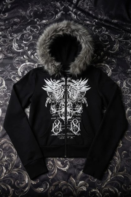 Black Fur Wings Motif Gothic Y2K Crop Cardigan
