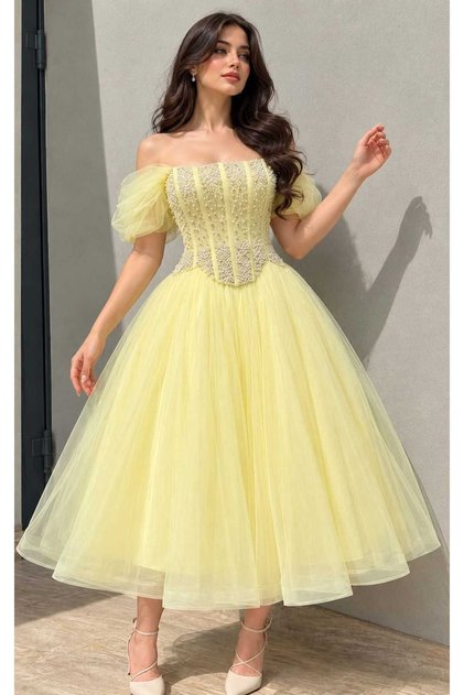 Light Yellow Princess Evening Dress with Pearl and Sequin Decoration