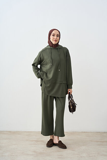 Women's Hooded Stitching Detail Tracksuit Set Green