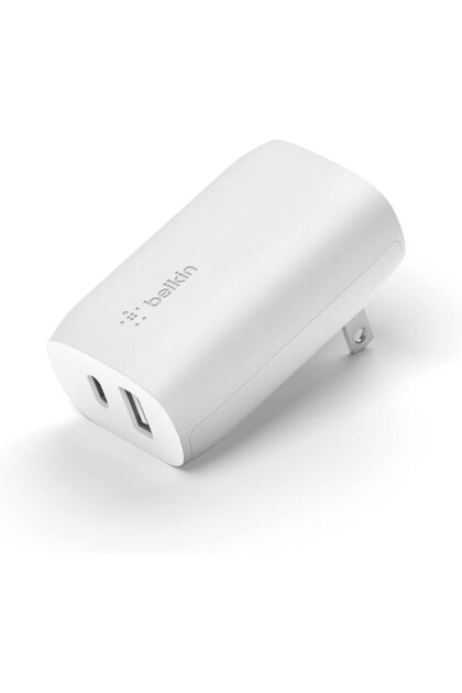 شاحن حائط USB-C بقوة 37 واط للشحن السريع، منفذ USB-C بقوة 25 واط ومنفذ USB-A بقوة 12 واط للشحن السريع لهواتف سامسونج جالاكسي S23، ألترا، بلس، نوت 20، سلسلة آيفون 14 وغيرها، باللون الأبيض