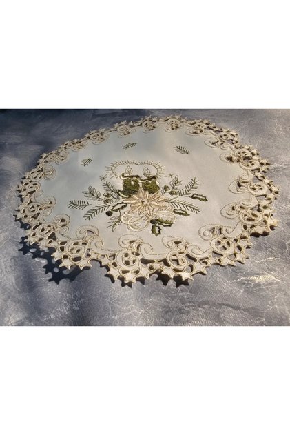 Naperon / Față de masă rotundă de Crăciun, brodată cu dantelă festivă Richelieu