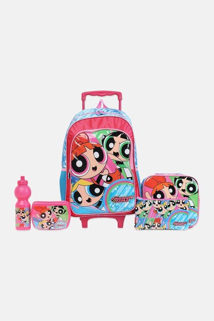 Kids Girl 5 In 1 The Power Puff Girls Trolley Bag School Set, Multicolor
