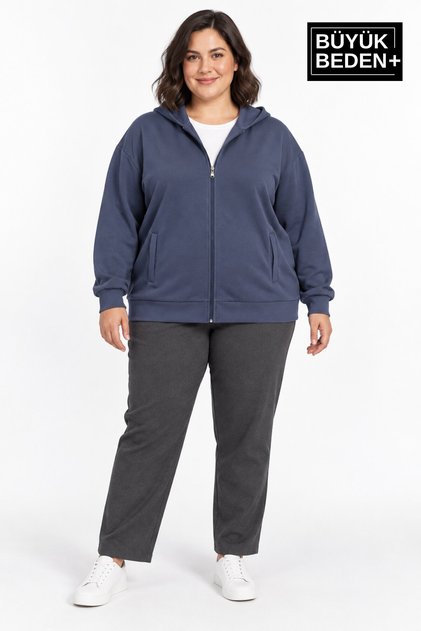 Women's Large Size Zippered Hooded Pocket Sweatshirt Cardigan Comfortable Fit Spr26Bhrk961