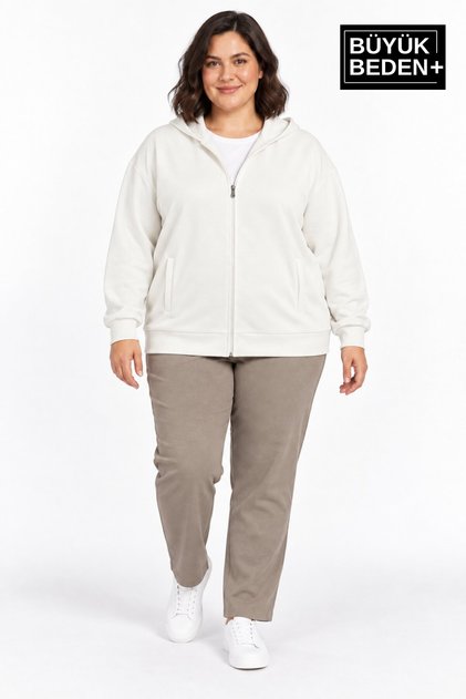 Women's Large Size Zippered Hooded Pocket Sweatshirt Cardigan Comfortable Fit Spr26Bhrk961