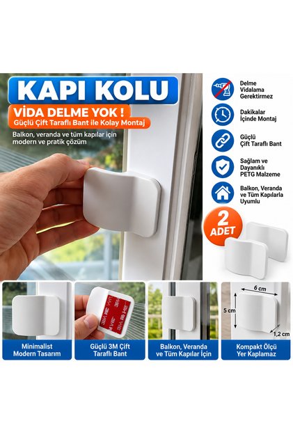Balkon Kapısı Kolu 2'li Set – Yapışkanlı PVC Kapı Kulpu – Delmesiz, Vidasız, Çift Taraflı Bantlı Beyaz PETG Kapı Çekme Tutamağı
