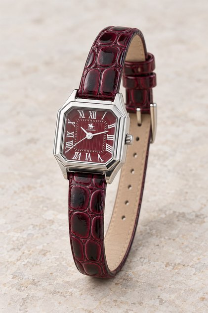 Snooc Women's Wristwatch Silver Cornered Case Burgundy Crocodile Patterned Strap Roman Numeral Stylish Watch