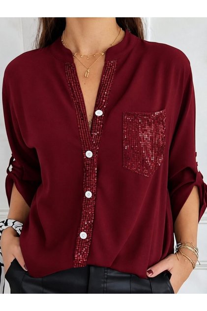 Women's Long Sleeve Court Collar Front Buttoned Sequin Embroidered Pocket Detailed Casual Viscose Blouse