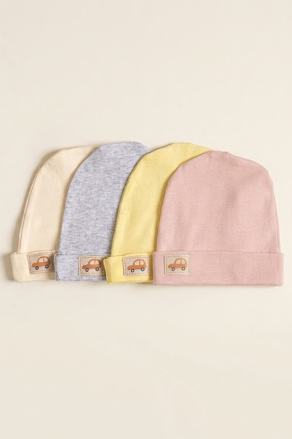 4-Piece Baby Cotton Beanie Set with Cute Car Emblem, Flexible Combed Cotton Newborn Children's Hat, Multi-Colored