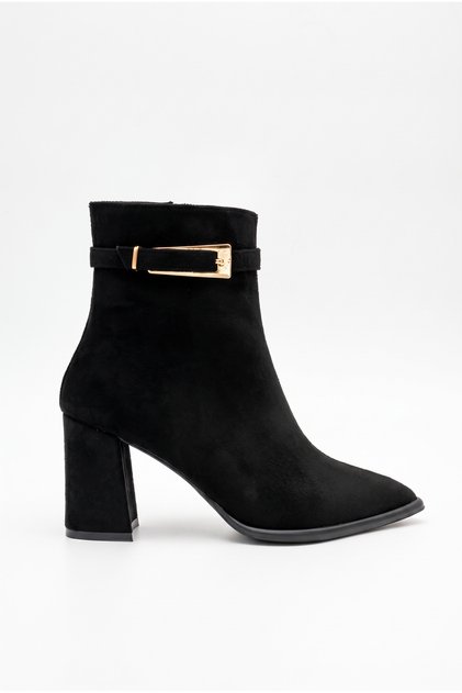Women's Special Design Buckle Detailed Zippered Pointed Toe Mid-Heeled Black Suede Boots
