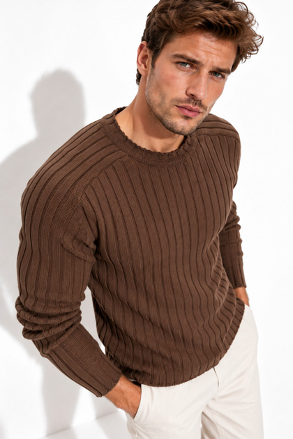 Men's Brown Crew Neck Knitwear Sweater