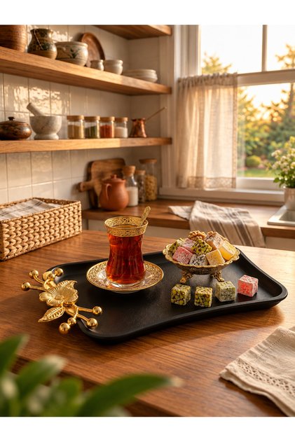 Decorative Metal Presentation Tray with Gold Flower Detail – Stylish Tea Tray 12X18 cm