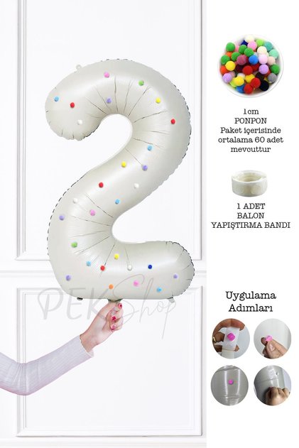 2 Yaş Rengarenk Ponpon Süslemeli Retro Krem 2 Yaş Balonu 80cm 2