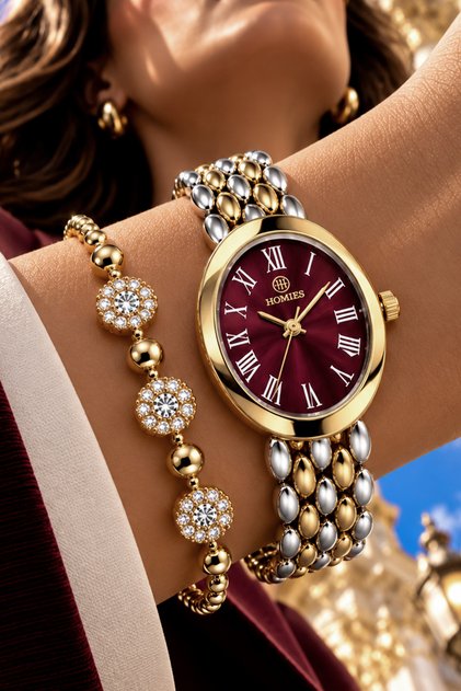 Oval Case Gold Silver Women's Wristwatch - 3 Atm Water Resistant Steel Band Japanese Movement Gift Special Boxed Hmby2078C1