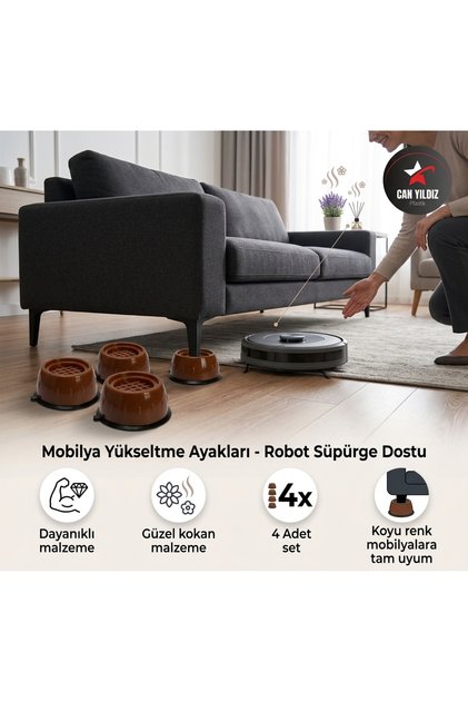 Koltuk Ayağı Yükseltici Robot Süpürge Uyumlu Titreşim Önleyici Yatak Yükseltme Aparatı Kahverengi 4 Adet Kahverengi