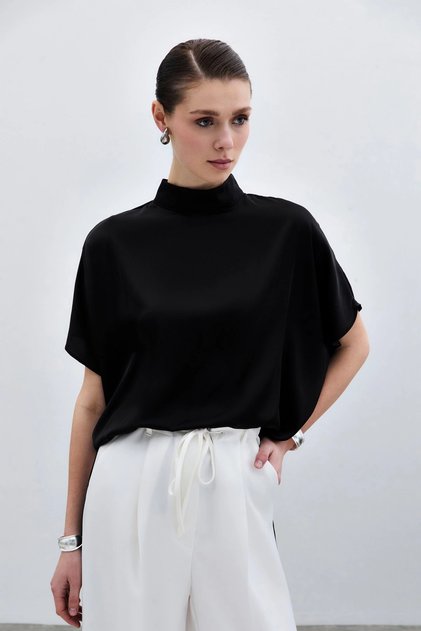 Women's Black High Neck Bat Sleeve Short Sleeve Flowy Loose Satin Fabric Blouse