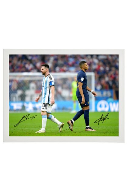 Lionel Messi and Kylian Mbappe Printed Autograph Framed Poster 30x40cm - Argentina vs France - Fifa World Cup - Football Memorabilia, Soccer Collectible, Gift for Fans , Man Cave