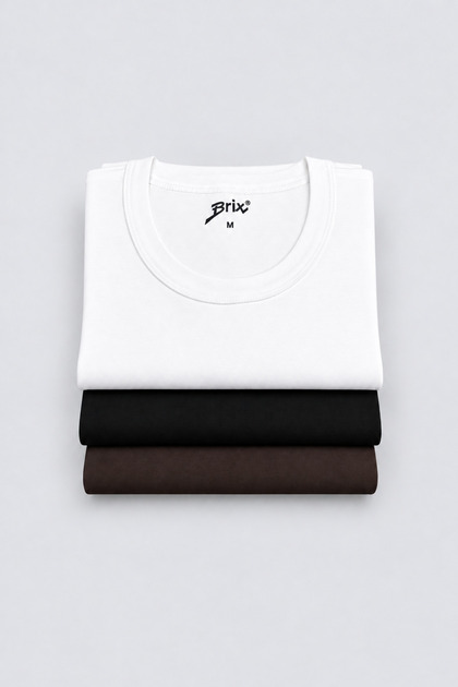 Women's Crew Neck 100% Cotton Interlock (Pack of 3) T-Shirt Ecru-Black-Bitter Coffee