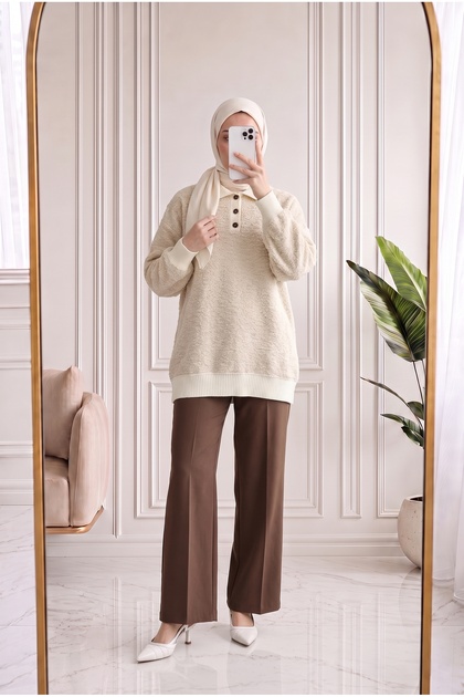 Lütfiye 3 Button Collared Soft Sweater-Kr6043 Stone