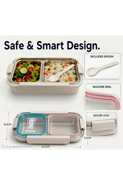 Stainless Steel School Lunch Box for Kids, Anti Mix Silicon Rubber, Leak Proof, 2 Compartments with Spoon